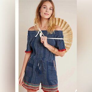 THML Anthropologie Lacey Pommed Pom Pom Off The Shoulder Romper -  Size S
